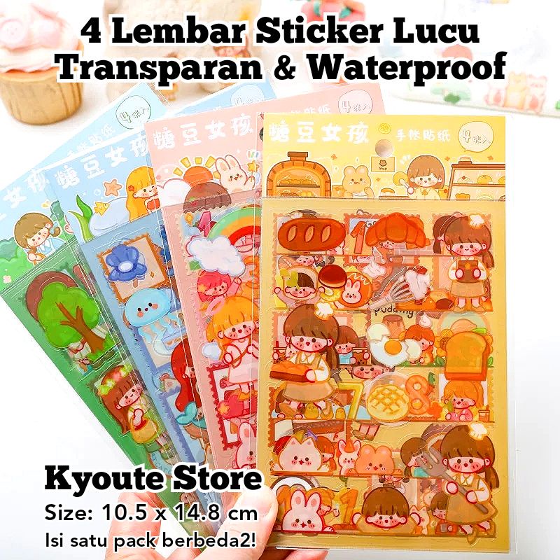 

4 Lembar Sticker Dekorasi Waterproof Cute Girl Mermaid Bakery Garden Scrapbook Bujo Journal DIY HP