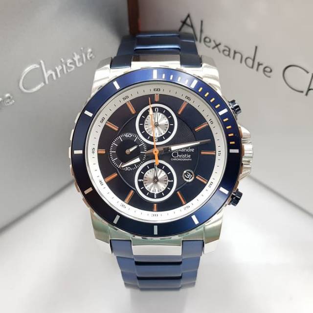 JAM TANGAN PRIA / COWOK ALEXANDRE CHRISTIE BLUE SILVER TALI RANTAI ORIGINAL - BIRU AC 6141 LAKI BESI