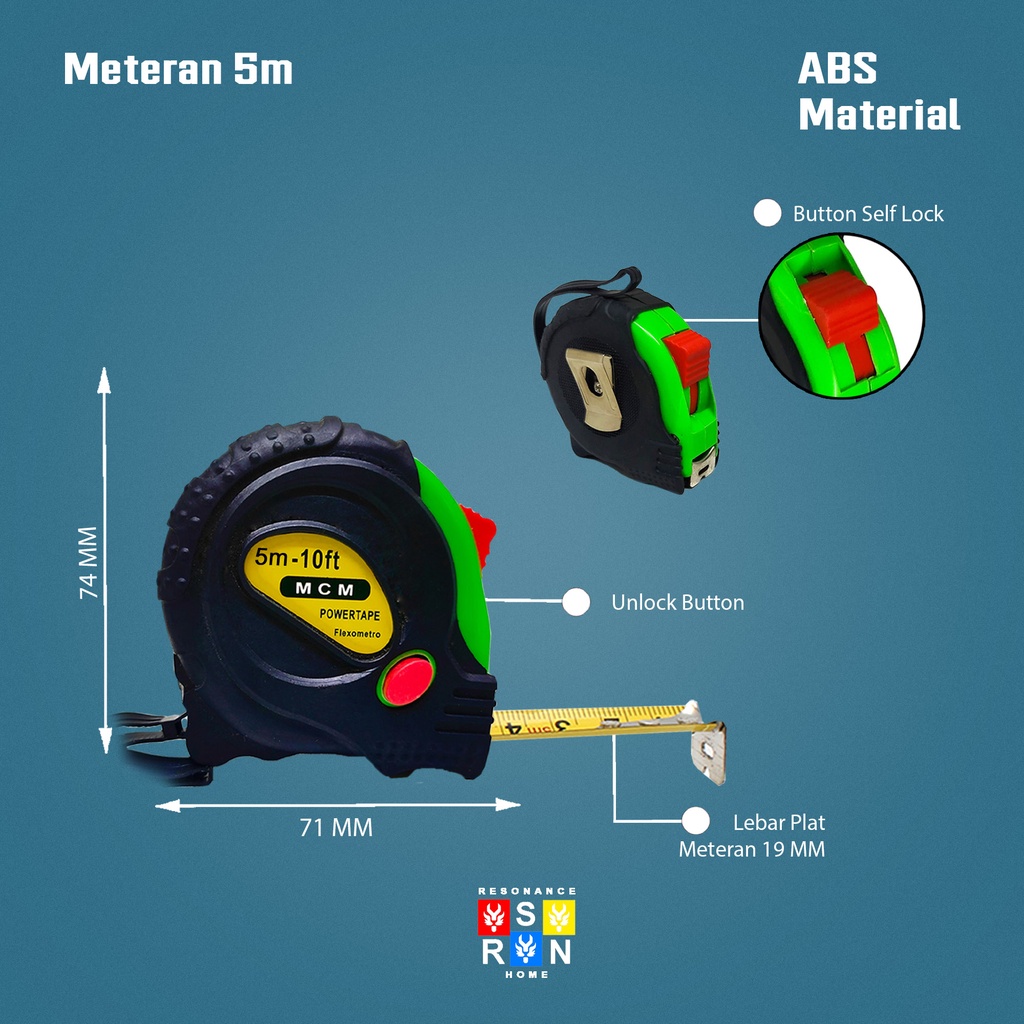 Meteran 5M Tukang Bangunan Roll 5 Meter Measuring Tape Resonance Home