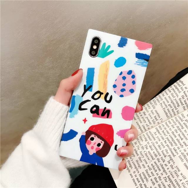 White Abstract Art Girl Quote Cute Square Soft Case Kotak iPhone 6/6+/6s/6s+/7/7+/8/8+/X/Xs/Max/Xr