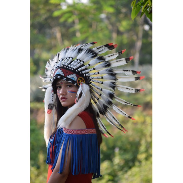 TOPI INDIAN - INDIAN HEADDRESS SMALL ANGSA MONTE PUTIH TUTUL MERAH FUR PUTIH