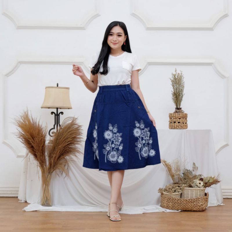 Rok payung pendek jeans wanita motif