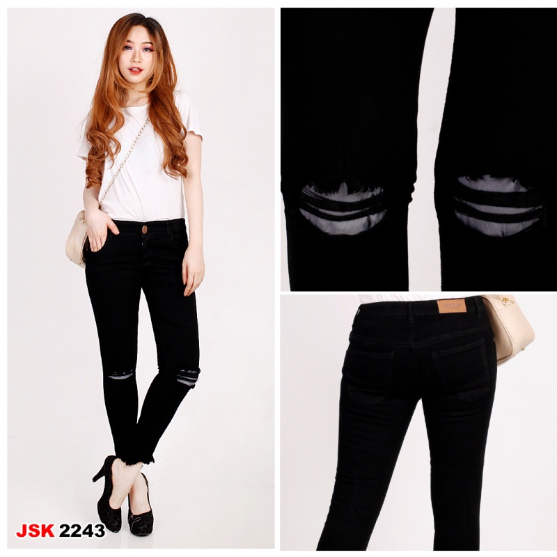Ripped Knee 7/9 Celana Panjang Wanita Hitam Jeans Wanita Lutut Sobek Celana Jeans Wanita Denim Cewek