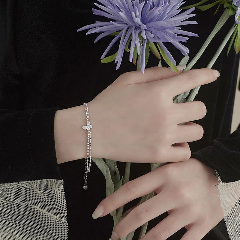 We Flower Korean Crystal Butterfly Bracelet for Women Girls Double Silver Beaded Wrist Chain Jewelry