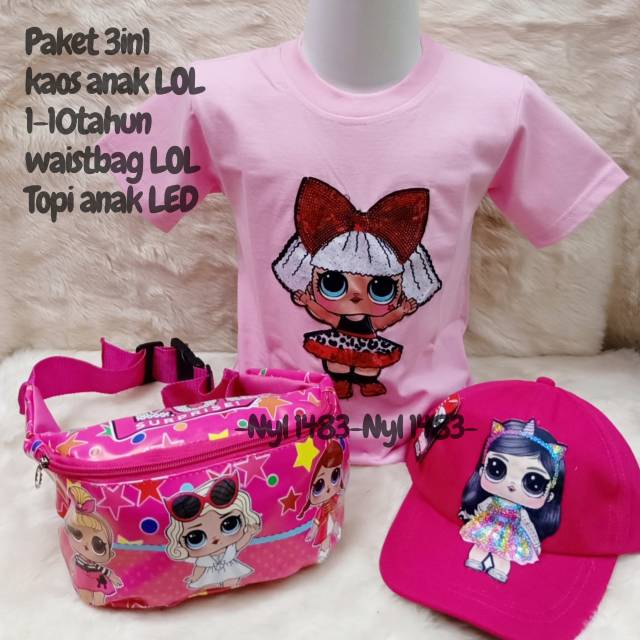 Baju anak lol led gratis topi led dan tas waisbag