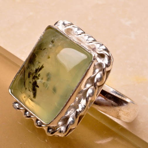 [JWG133] Natural Prehnite Gemstone Ring Sz7 925 Sterling Silver Plated Over Solid Copper