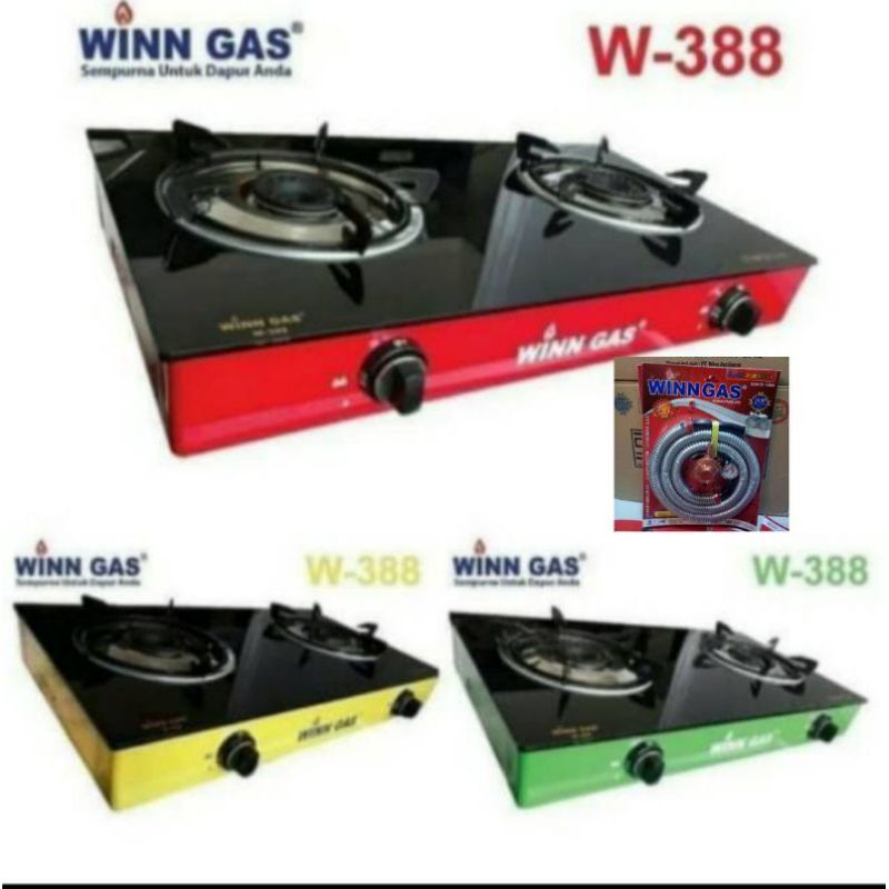 Winn Gas , 388 ,  Win Gas  , KOMPOR GAS KACA  2 TUNGKU , + Selang Regulator Paket