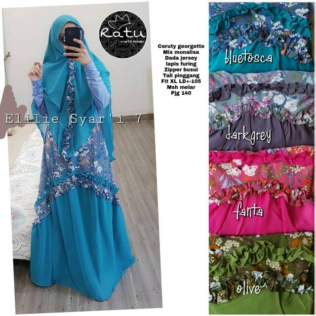 Gamis Syari Set Khimar Ceruty Warna Biru Tosca dan Fanta Kwalitas Butik
