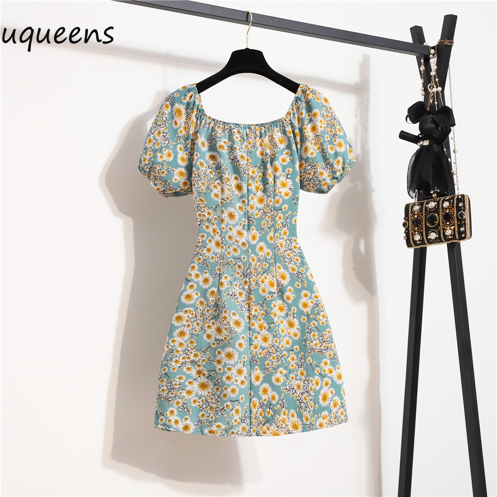 Dress Bunga Lengan Pendek V-Neck Wanita dengan Sablon Bunga Daisy