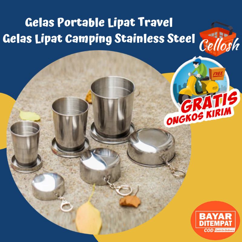 Gelas Portable Lipat Travel Gelas Lipat Camping Stainless Steel Gantungan Kunci Unik