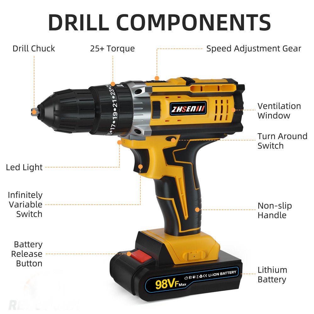 Mesin Bor Cordless/Bor Baterai/ Bor Listrik/Beton Besi Kayu Full 98VF Set Pilihan Bor Tanpa Kabel Bor Mesin Elektrik Drill 10mm Set Reversible Mesin Bor Tangan Listrik