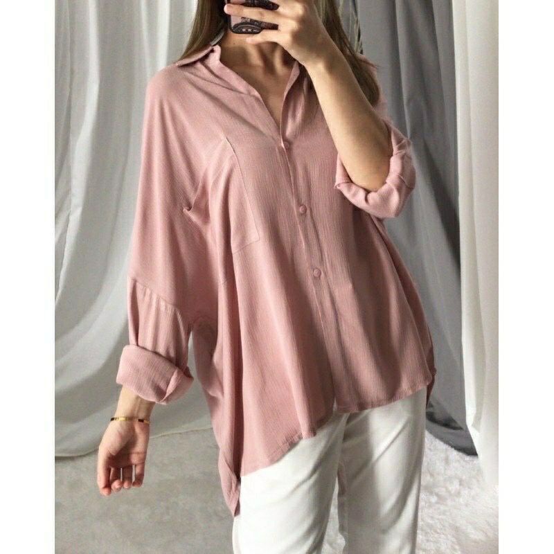 Kemeja Wanita Polos Oversize Lyla Shirt Lengan Panjang Bahan Rayon Cringle