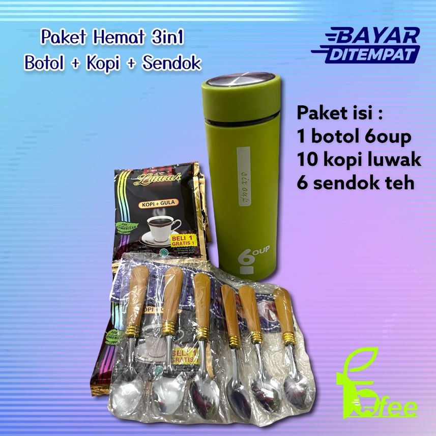 PAKET HEMAT Botol Kaca  + Sendok teh 6pcs + Kopi luwak 10sachet