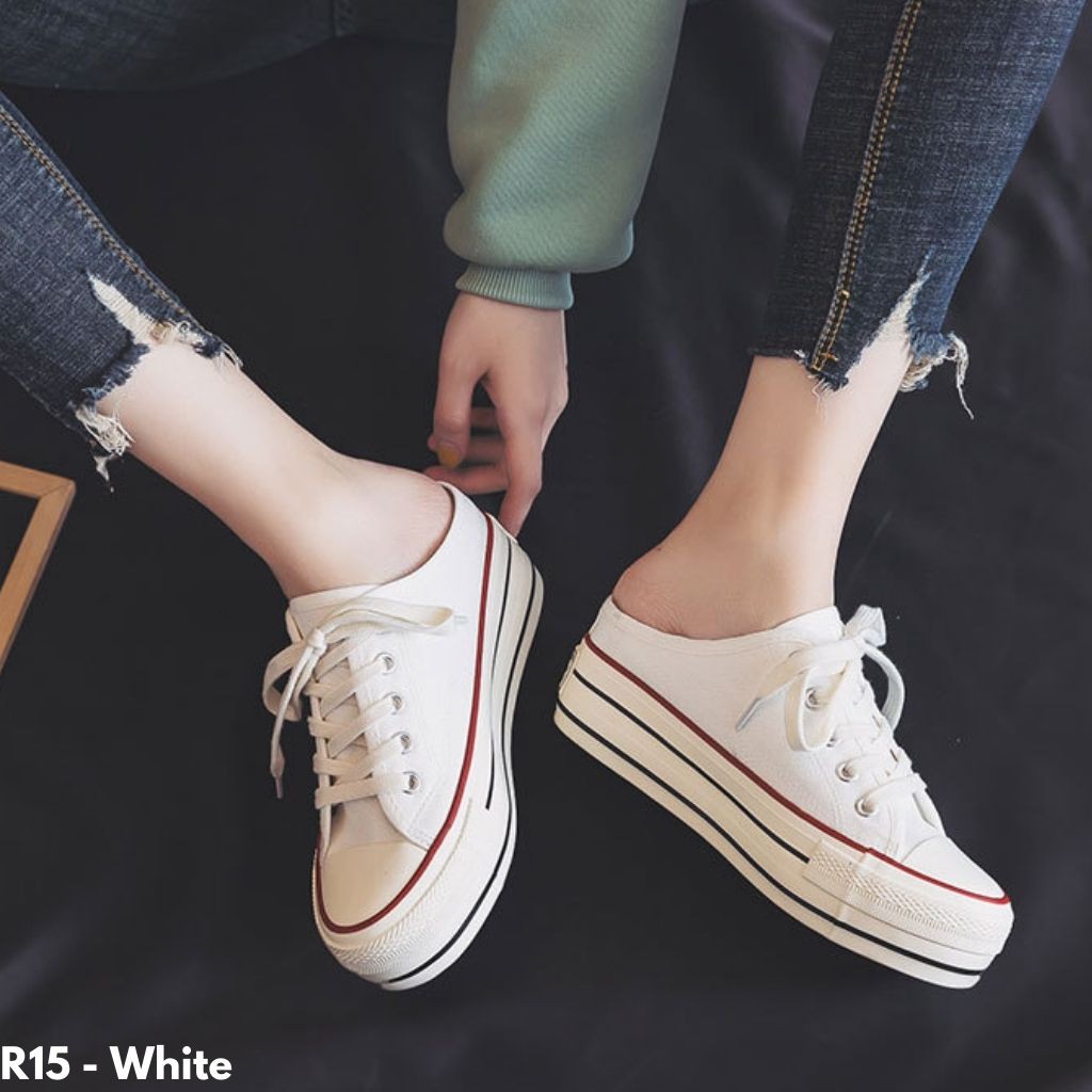 SEPATU SLIP ON KEKINIAN WANITA TINGGI IMPORT KANVAS UNIK NYAMAN BUAT JALAN CASUAL KOREA R15