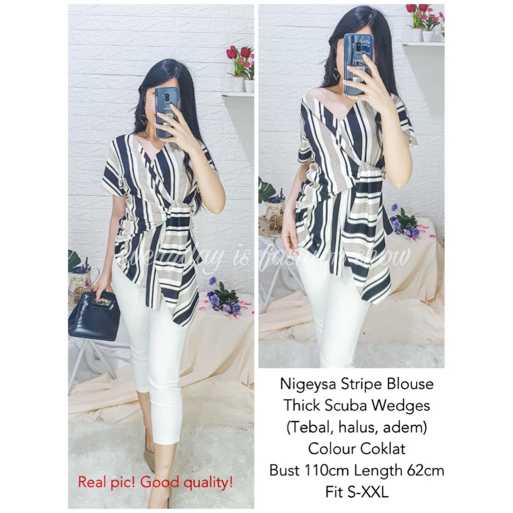 ZAZA_FASHION Baju Wanita Terbaru Blouse Wanita Terbaru Korea Nigeysa Stripe fit to XL-2