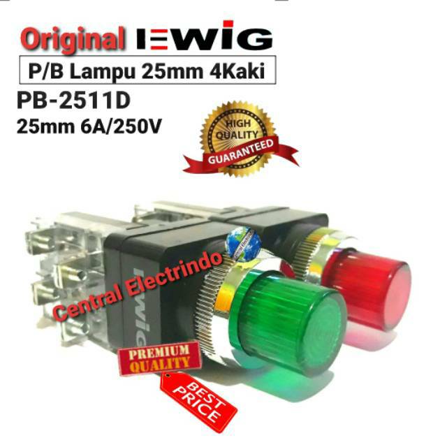 Push Button Lampu EWIG PB2511D 25mm 4kaki Hijau (NO) Merah (NC).