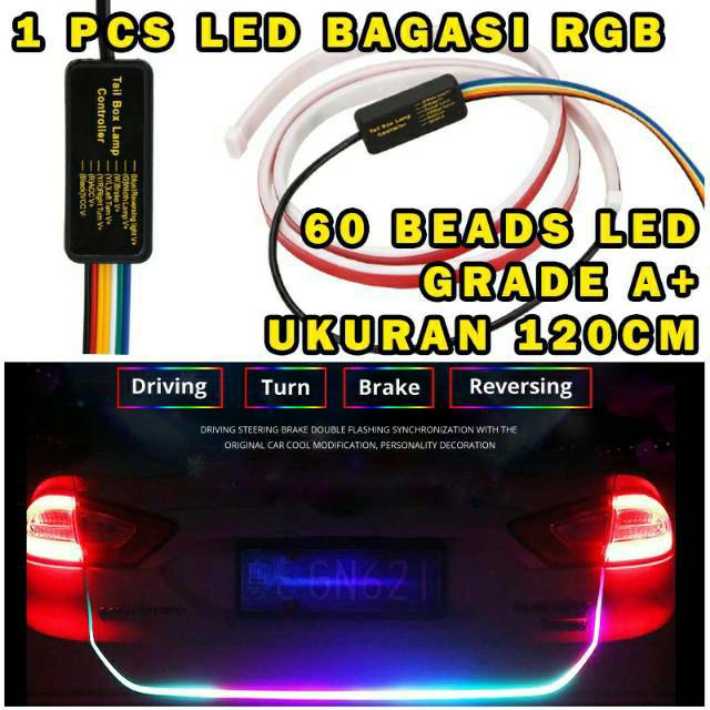 LAMPU LED BAGASI RGB 120CM WATERPROOF 12V UNIVERSAL MOBIL MOTOR 60 LED WARNA WARNI STRIP PANJANG DENGAN MODUL SEIN REM STOP GRADE A+