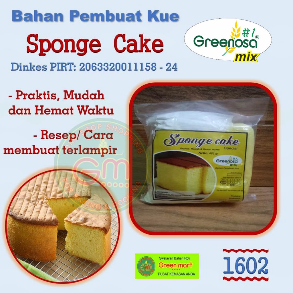 

Tepung Premiks Instant Bahan Pembuat Kue Resep Greenosa Mix Sponge Cake Praktis Enak Mudah. 1602