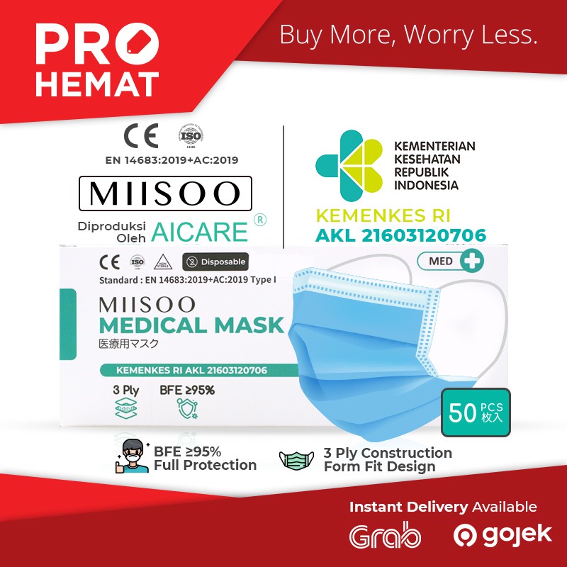 PROHEMAT Facemask Medical Masker Medis 3ply 50s Masker Bedah Diproduksi AICARE izin Kemenkes