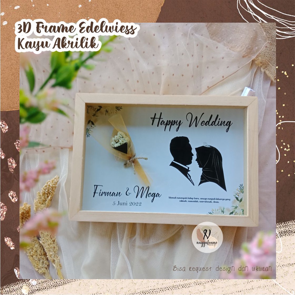 3D 20x25cm Kayu Akrilik  / KADO FRAME 3D/ edelwiess in frame / pigura 3d kayu/KADO wedding wisuda bd