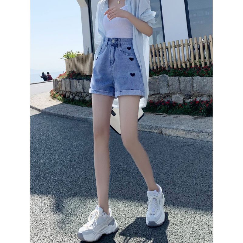 Short Pants High waist Hot Pants Celana Pendek Jeans Wanita Korea Style Motif Sablon Love