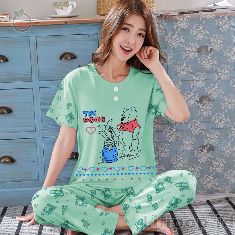 Baju Tidur Stelan Wanita Celana Panjang Baby doll Dewasa Piyama Allsize Cp Lilipop Sleep Wear-Piglet tosca