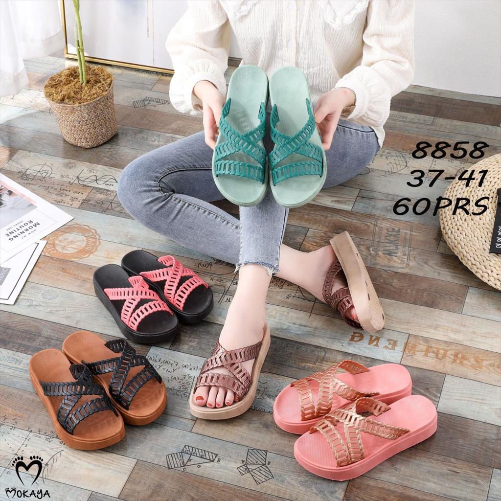 Sandal Slop Jelly Wanita Ban Silang Tali Depan Motif Rantai Sama Warna Simple Cantik Elegant Import Mokaya / Size 37-41 (8858)