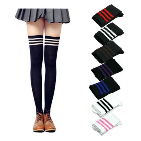 KT-04 Overknee socks kaos kaki panjang sepaha over knee black hitam 3 strip