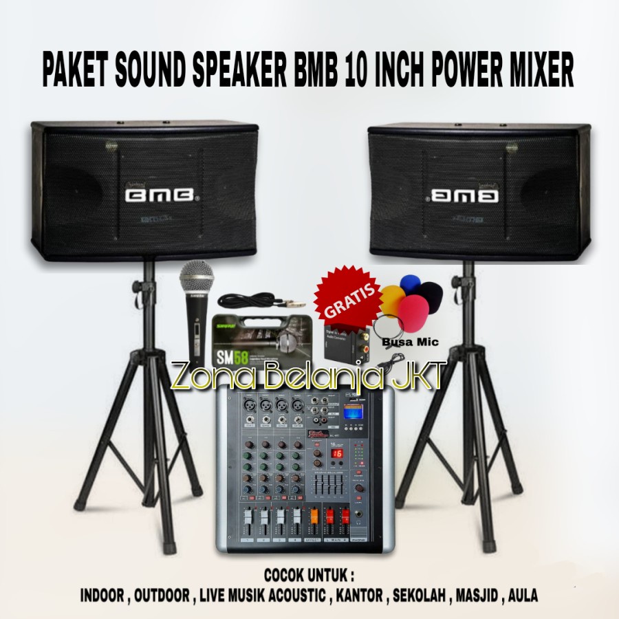 PAKET KARAOKE LIVE MUSIK SOUND SYSTEM BMB SPEAKER 10 INCH POWER MIXER 4 CHANNEL USB BLUETOOTH MIC ORIGINAL ( B-1 )