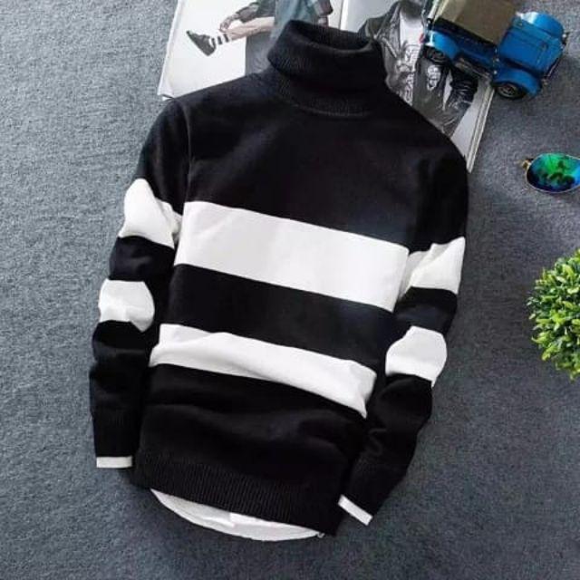 LULUSTORE.CO.ID - SWEATER RAJUT KERAH TINGGI GARIS GARIS 12 GET BAHAN HALUS & TEBAL-Hitam