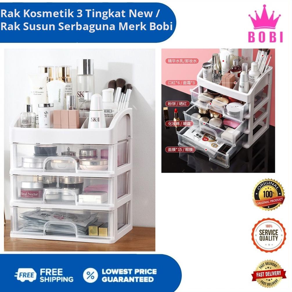 Rak Kosmetik Putih / Rak Make Up Susun Plastik 3 Laci Putih Plastik / Rak Serbaguna Merk Bobi Tanpa 