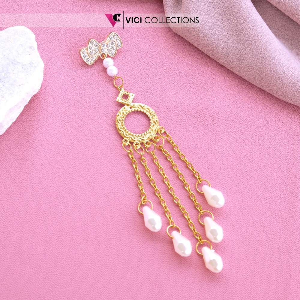 Bros Dagu Hijab / Jibab Juntai Rumbai Rantai Gold Permata Putih Modis BSP254-2