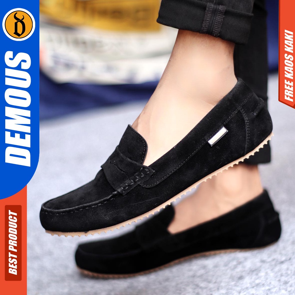 Demous Noah Sepatu Slip on Pria Santai Casual Formal Suede Kerja Kantor Kuliah Hitam