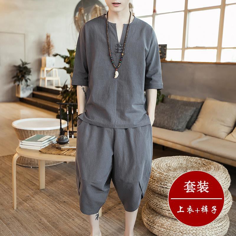 gaya Cina pria bau baju Hanfu retro linen katun dua setelan jas Buddha pasang merek musim panas tip