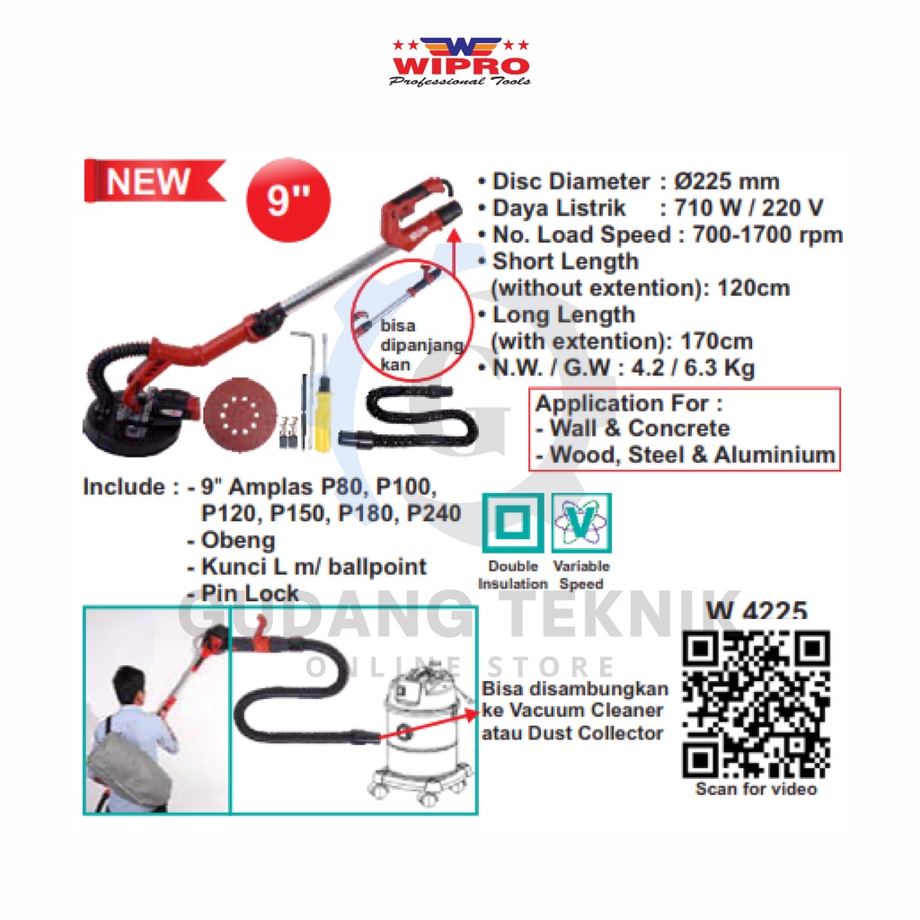 Mesin Amplas Dinding 9&quot; WIPRO W-4225 / Mesin Amplas Tembok 9inch WIPRO W 4225 - Sander Drywall 710 Watt WIPRO W4225