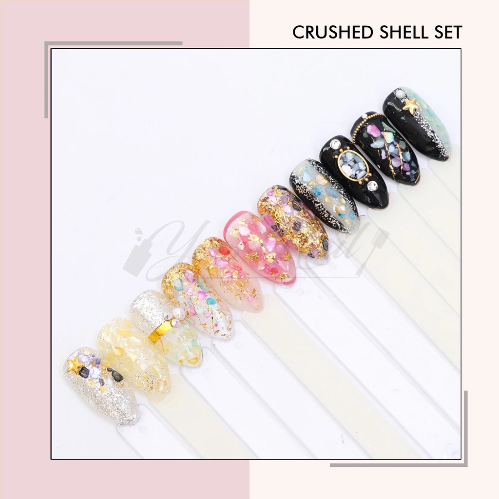 Crushed shell set 12 warna crash shell nail art pecahan batu kerang kuku nails