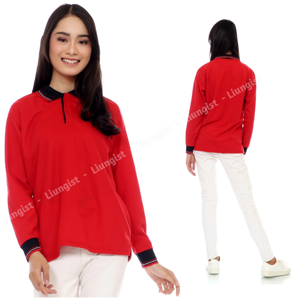 Kaos Polo Panjang Unisex Merah Kerah Hitam / Kaos Kerah / Poloshirt / Polo Shirt Panjang