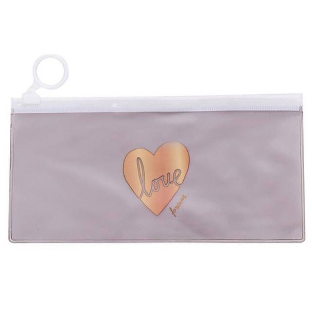 TEMPAT PENSIL TRANSPARAN / TEMPAT PENSIL TRANSPARAN MOTIF / ZIPPER BAG TRANSPARAN-LOVE GRAY