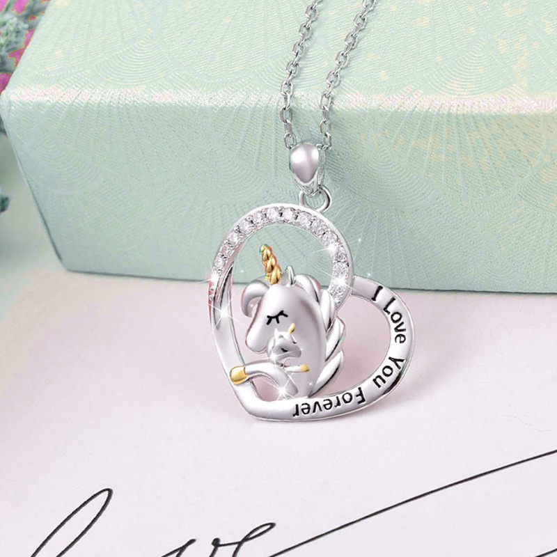 Kalung Rantai Sterling Silver 925 Dengan Liontin Hati Motif Ukir Unicorn Untuk Wanita