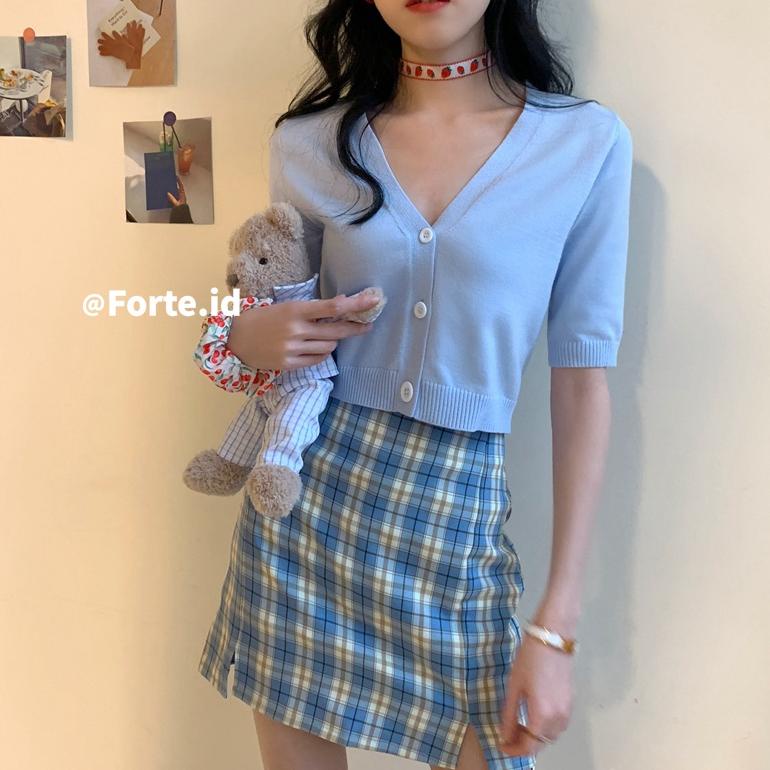 3 Warna Kardigan Rajut Wanita Crop Top Lengan Pendek V-Neck Atasan Cardigan Korea Style