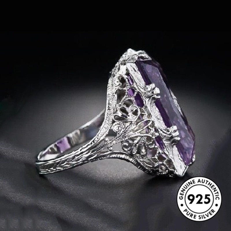 Cincin Silver S925 Bentuk Persegi Panjang Model Hollow Aksen Amethyst