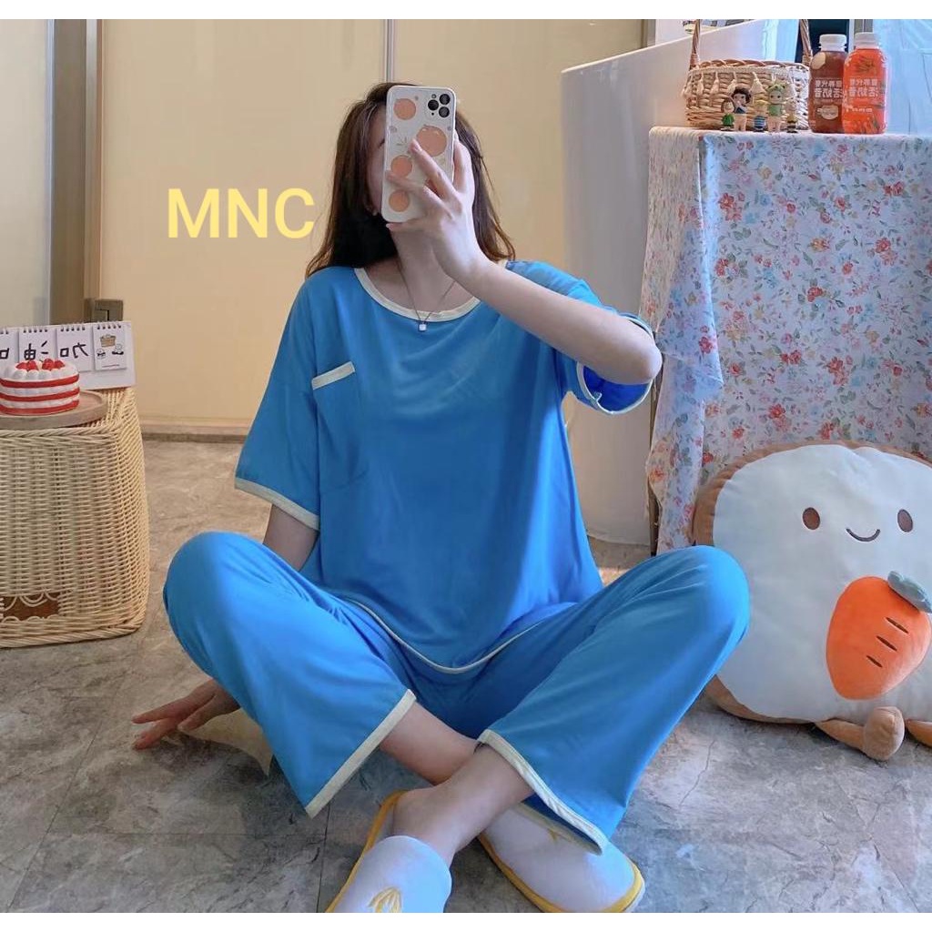 Piyama Baju Tidur Import Sleepwear Lengan Pendek Celana Panjang Motif Stelan Rumah Oversize Premium-CP List- Biru