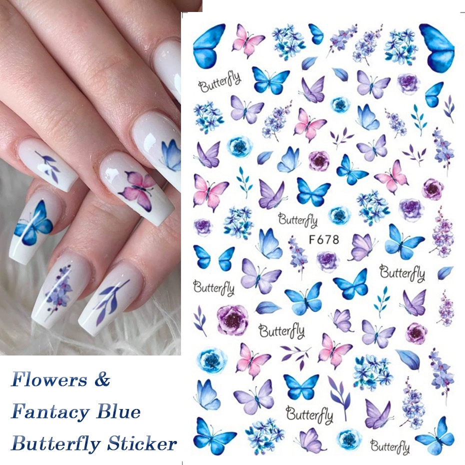 [ 1Pc Watercolor Butterfly   Blue Flowers Nails Stickers Art Decorations Nail Makeup Tools for Girls ]