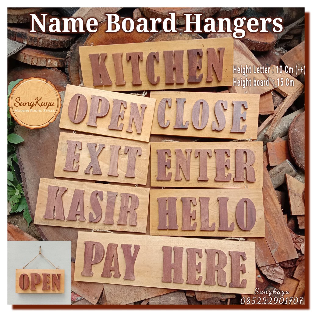 Wooden sign Name Board Hangers 7-Letter, papan nama kayu cafe dll