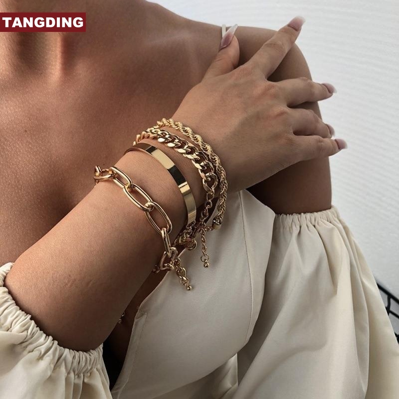 【COD Tangding】4pcs/set Alloy Multilayer Bracelet Simple Lady's Metal Bracelet Set Fashion Accessories