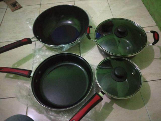 Panci Set Enamel  Cookware Set Anti Lengket Lengkap Dengan Tutup Kaca
