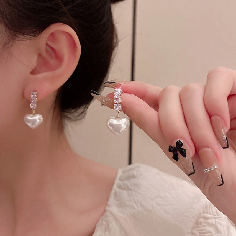 Anting Tusuk Sterling Silver 925 Desain Hati Hias Zircon + Mutiara Gaya Mewah Untuk Wanita