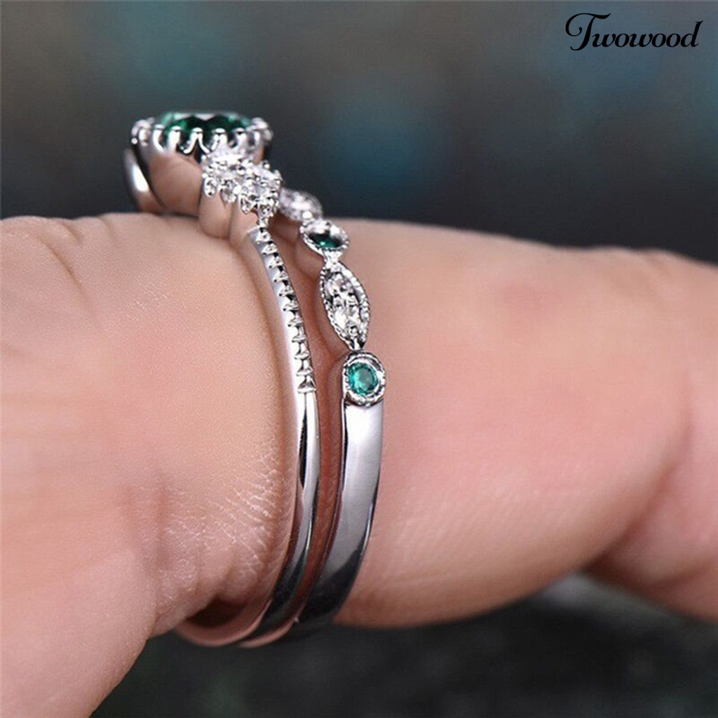 Twowood 2Pcs Engagement Rings Geometric Green Cubic Zirconia Ladies Sparkling Exquisite Finger Rings Jewelry Accessories