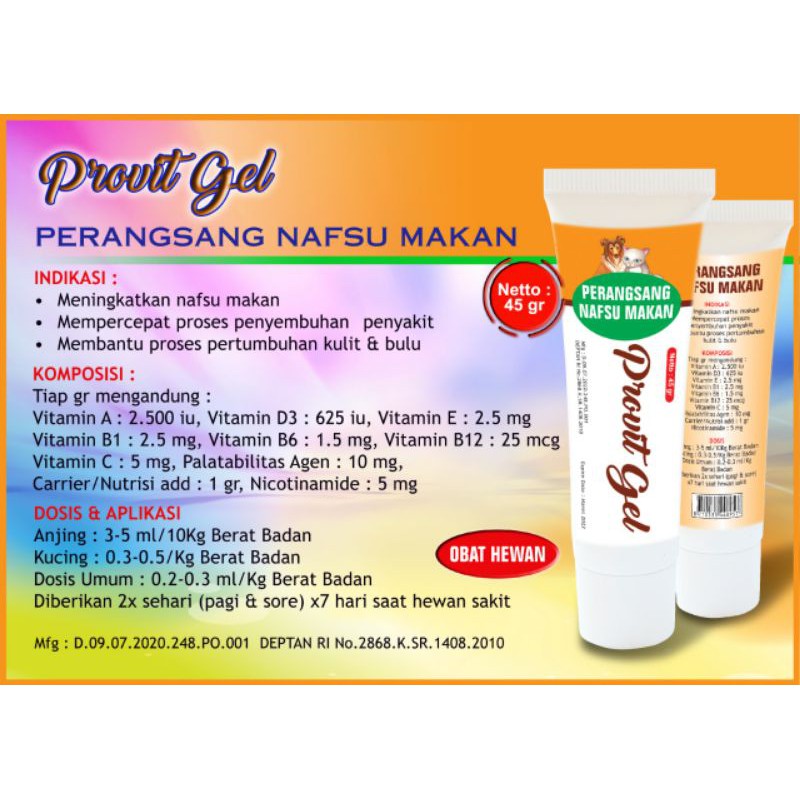 PROVIT GEL 45 gr vitamin peningkat nafsu makan kucing dan anjing