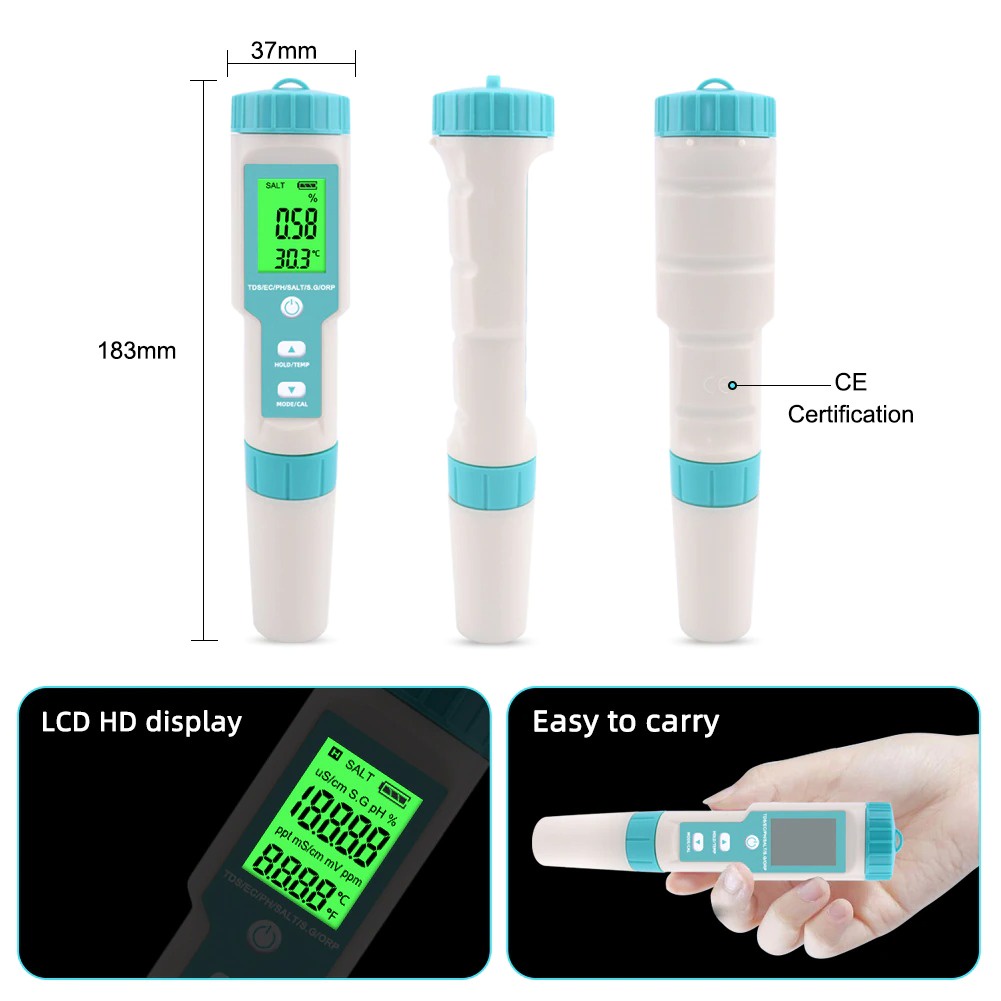 C600 Alat Ukur Kualitas Air 7in1 PH TDS EC ORP Salinity SG Temperature Water Tester C-600